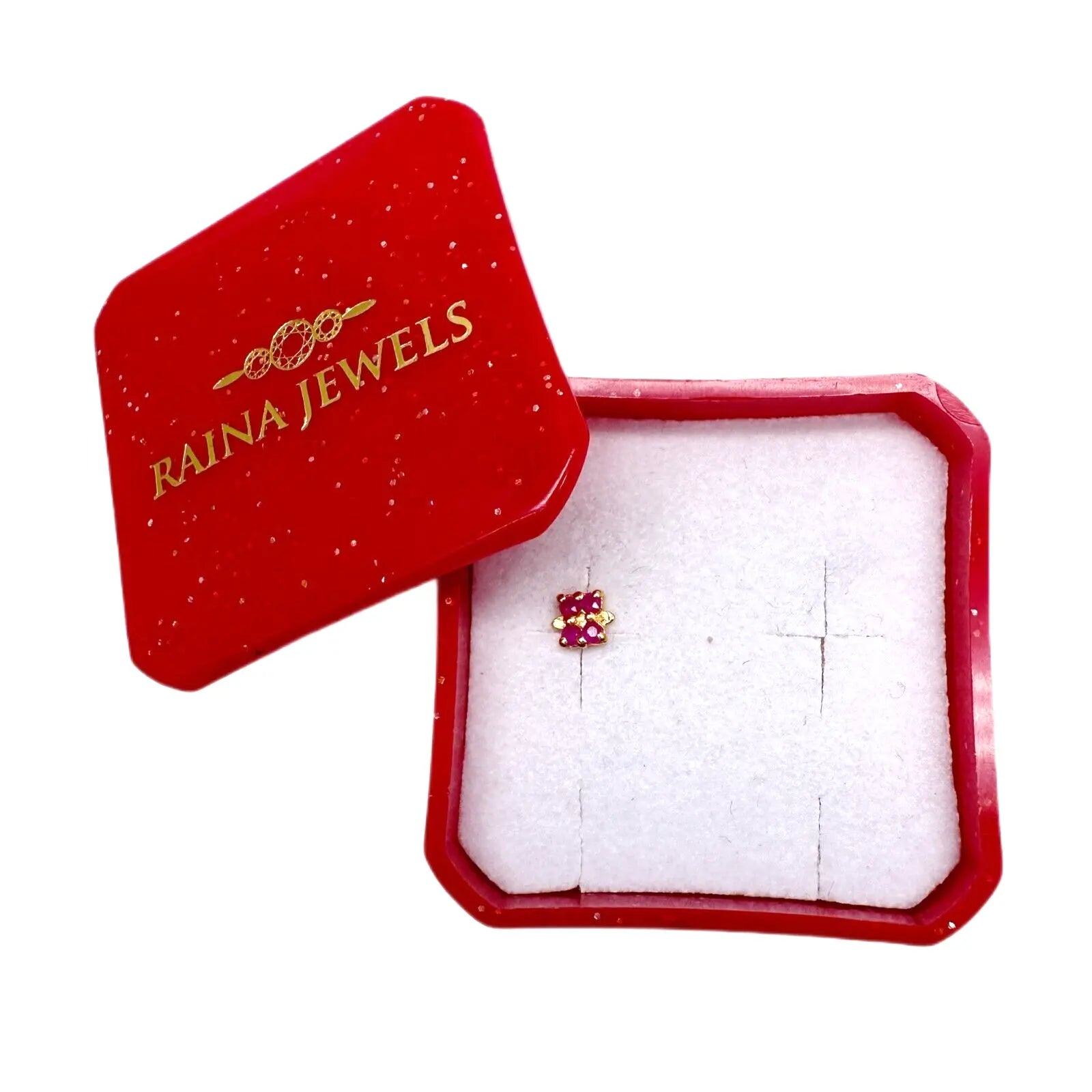 22ct Yellow Gold 4 Stone Ruby Square Nose Pin Stud 