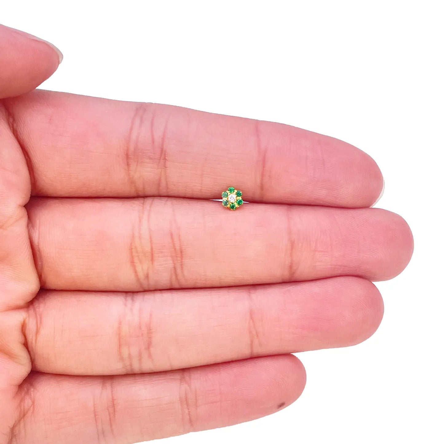 22ct Yellow Gold Cubic Zirconia Floral Green Stone Nose Pin/Stud 4mm Width 