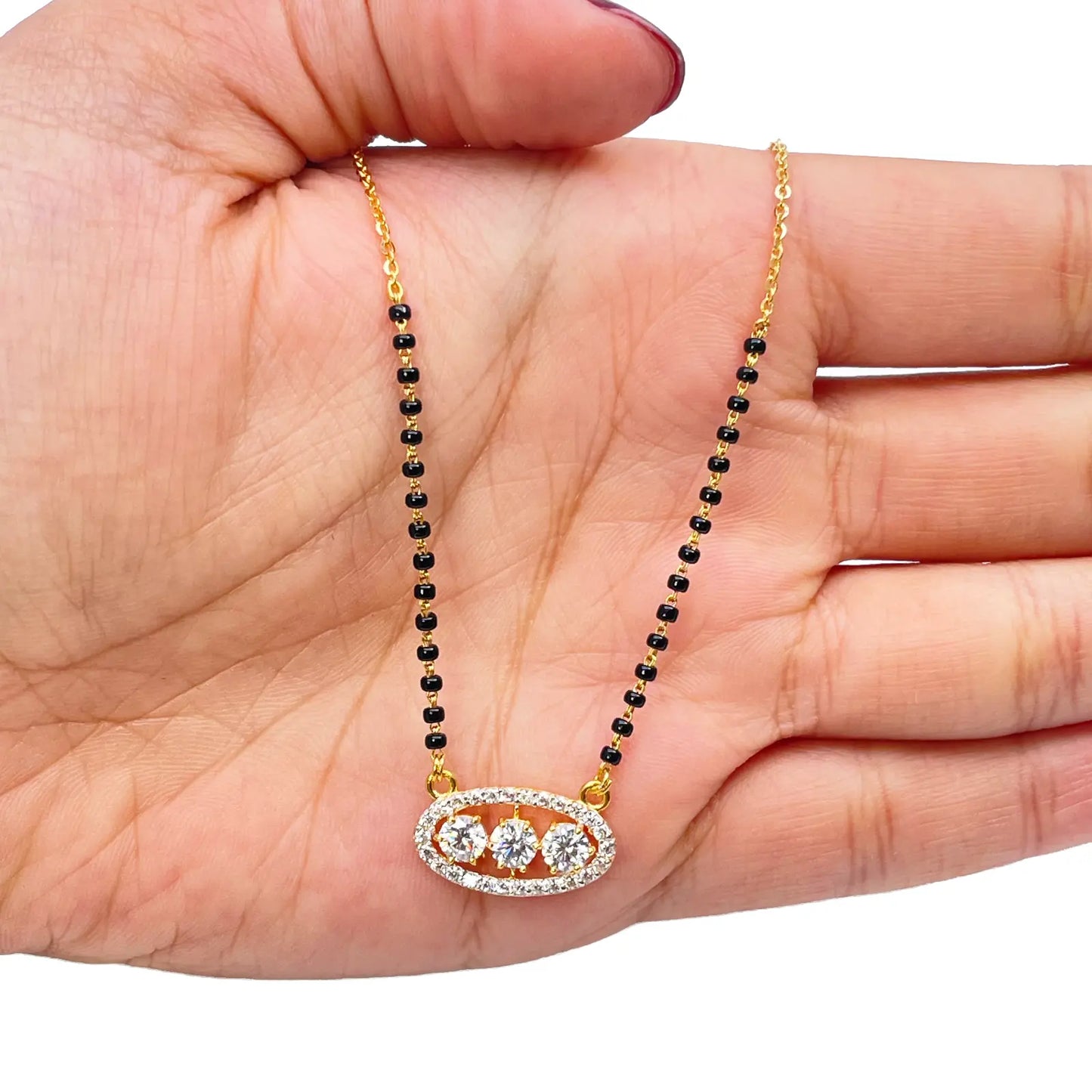 22ct Yellow Gold Cubic Zirconia Three Stone Halo Mangalsutra Necklace 19''inches  Mangalsutra Chains