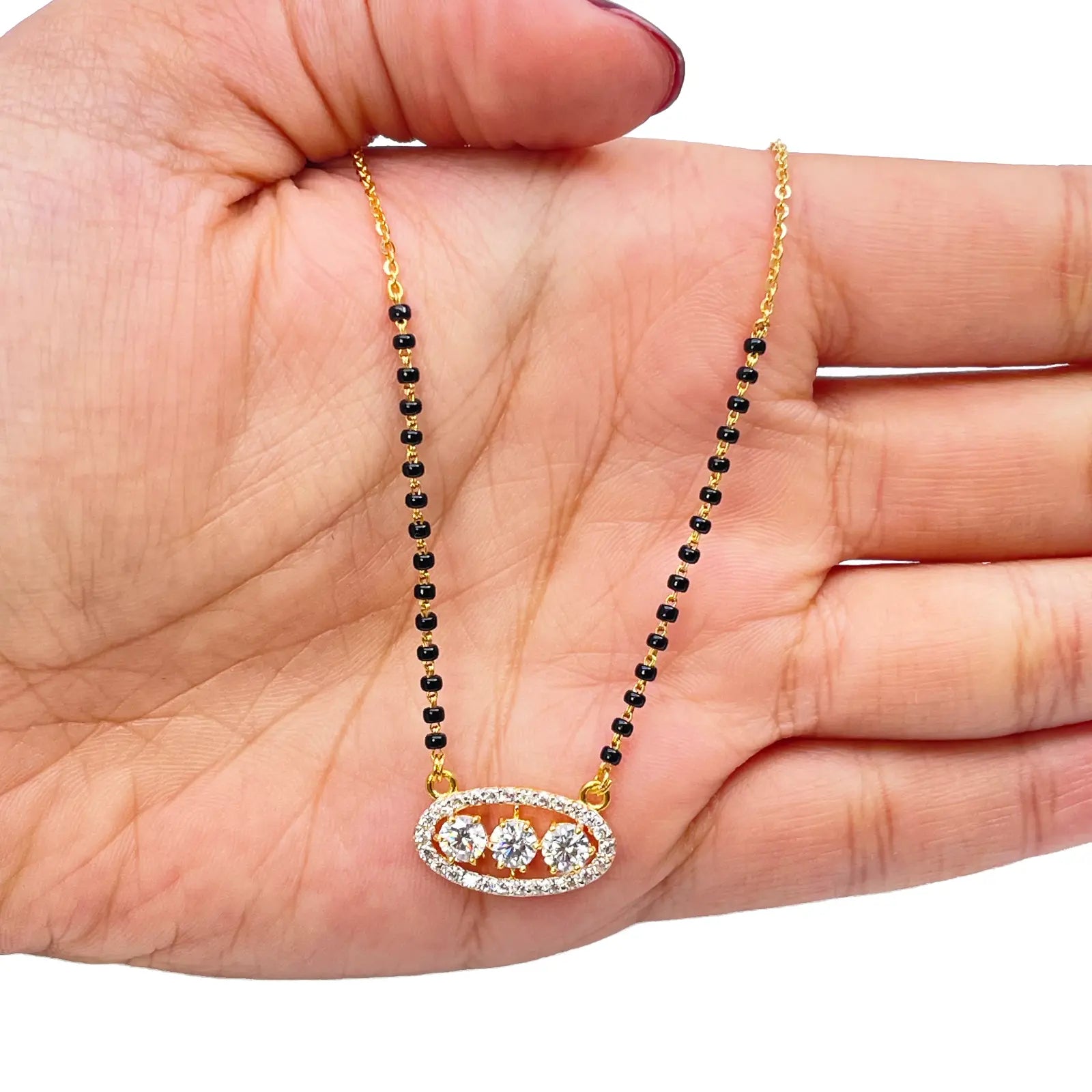 22ct Yellow Gold Cubic Zirconia Three Stone Halo Mangalsutra Necklace 19''inches  Mangalsutra Chains