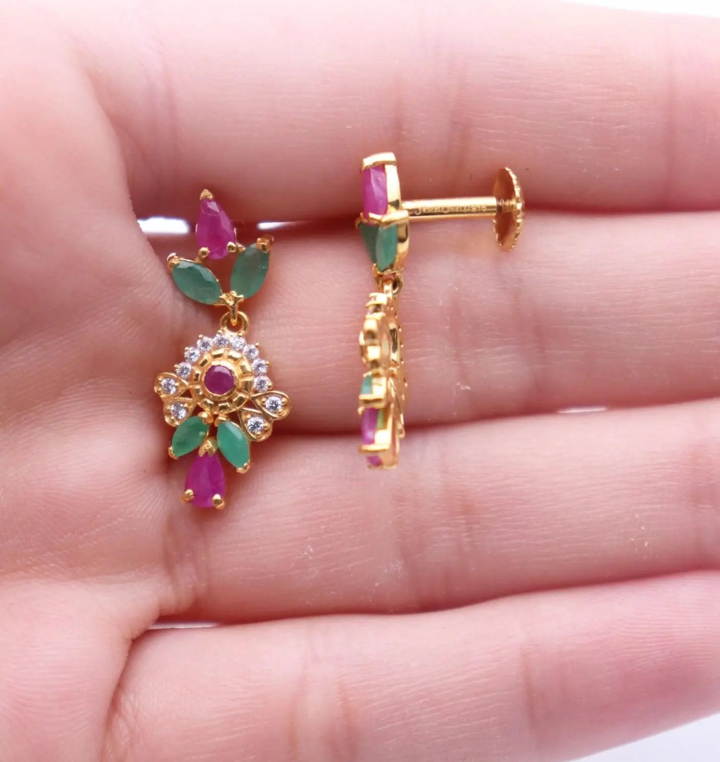 22ct Yellow Gold Cubic Zirconia, Ruby & Emerald 16 inch Necklace & Earrings Set 