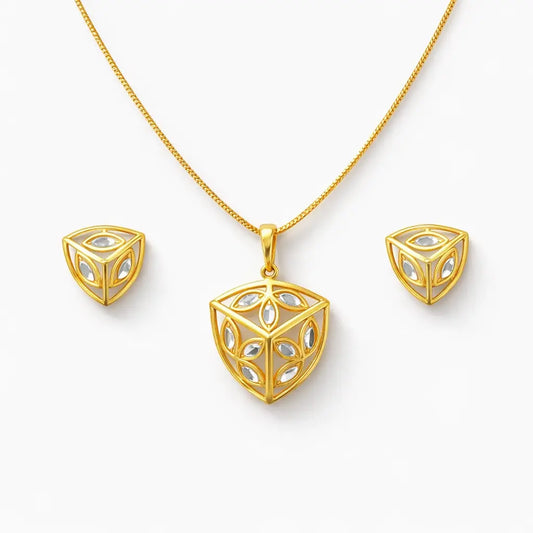 22ct Yellow Gold Diamond Cut Design Two Tone Earrings, Pendant & Chain Necklace  Gold Necklace