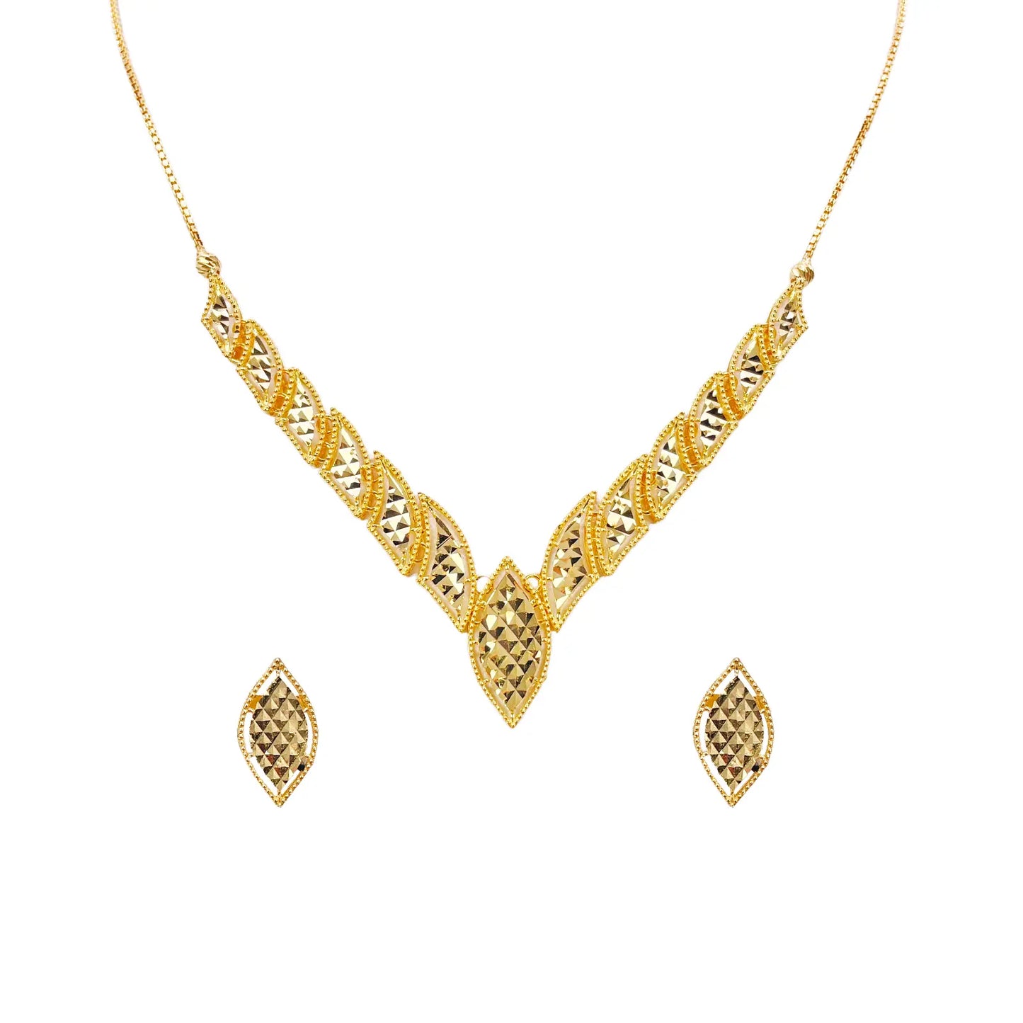 22ct Yellow Gold Diamond-Cut Milgrain Marquise V-Shape Necklace & Earring Set  Gold Necklace