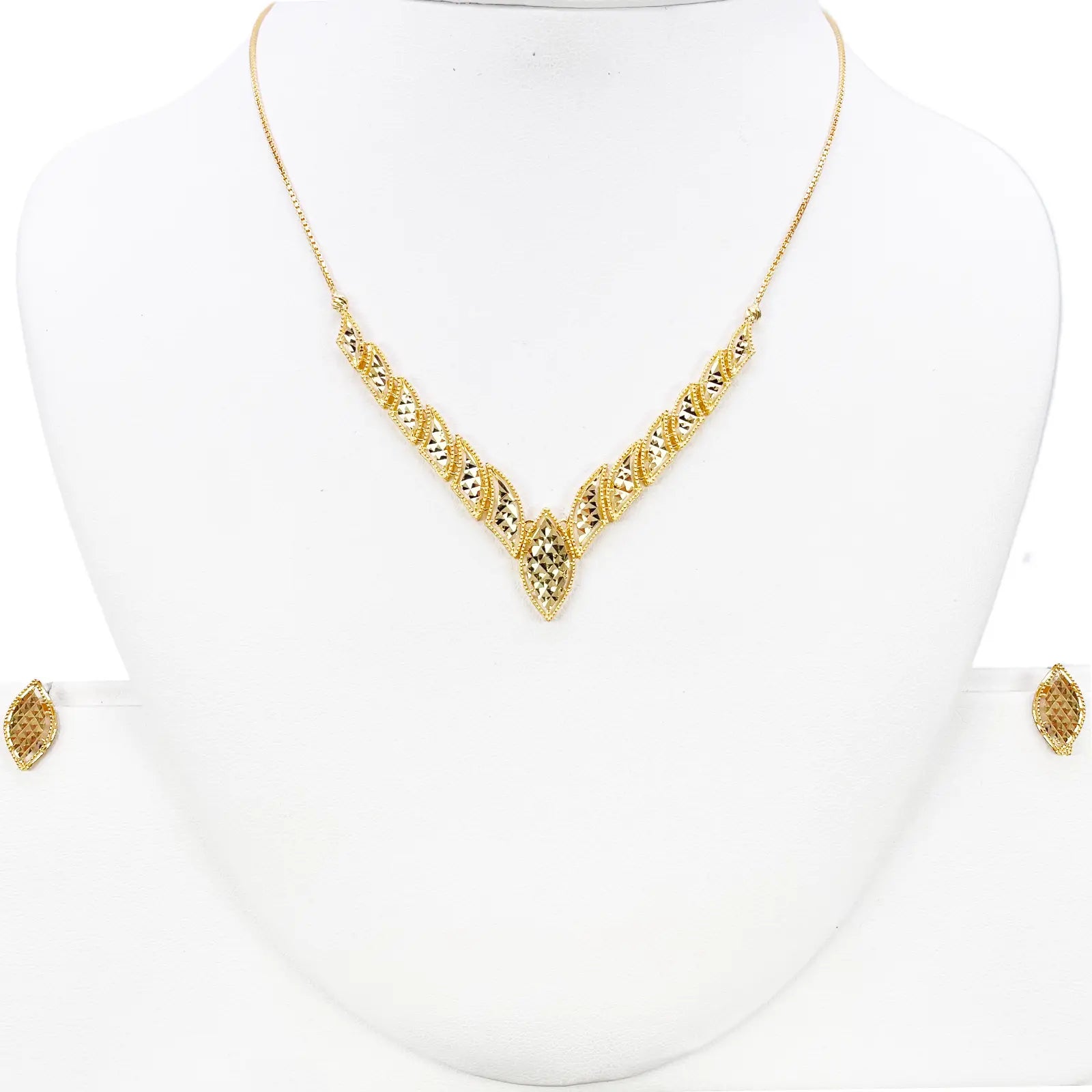 22ct Yellow Gold Diamond-Cut Milgrain Marquise V-Shape Necklace & Earring Set  Gold Necklace