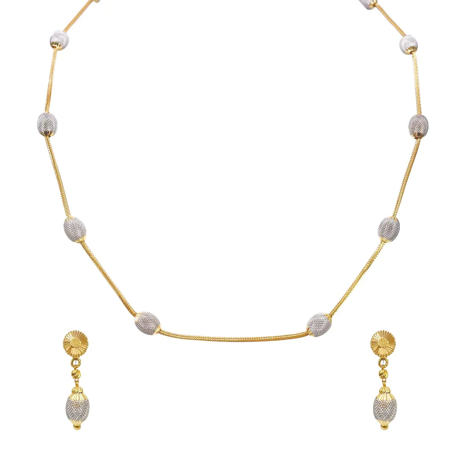 22ct Yellow Gold Diamond Cut Two Tone Beaded Slip-On Necklace & Drop Earrings 