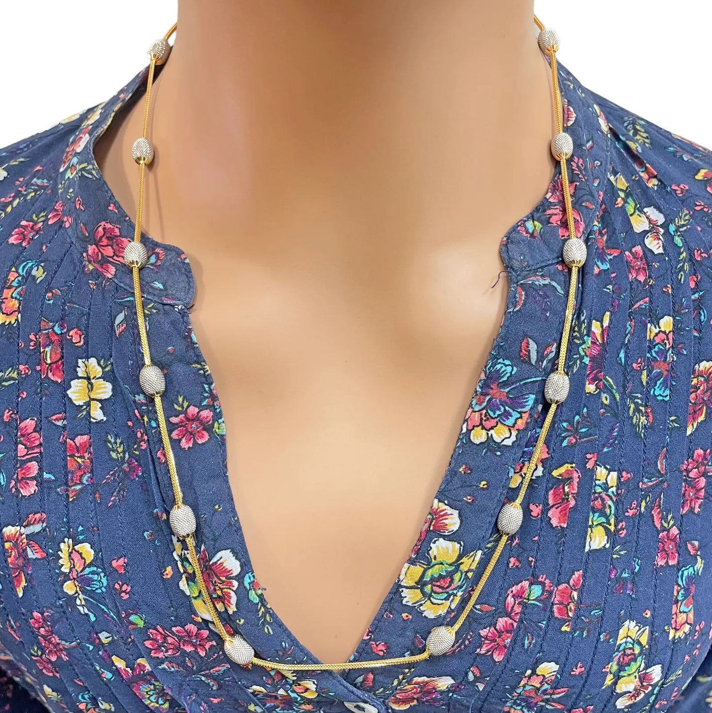 22ct Yellow Gold Diamond Cut Two Tone Beaded Slip-On Necklace & Drop Earrings 