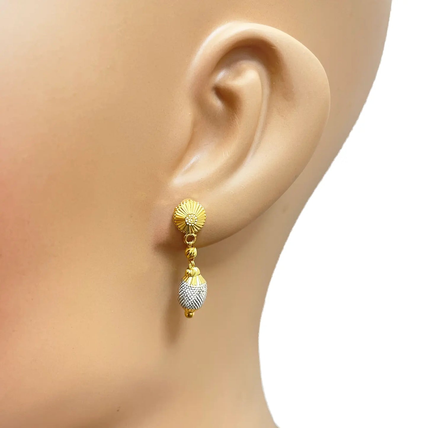 22ct Yellow Gold Diamond Cut Two Tone Beaded Slip-On Necklace & Drop Earrings 