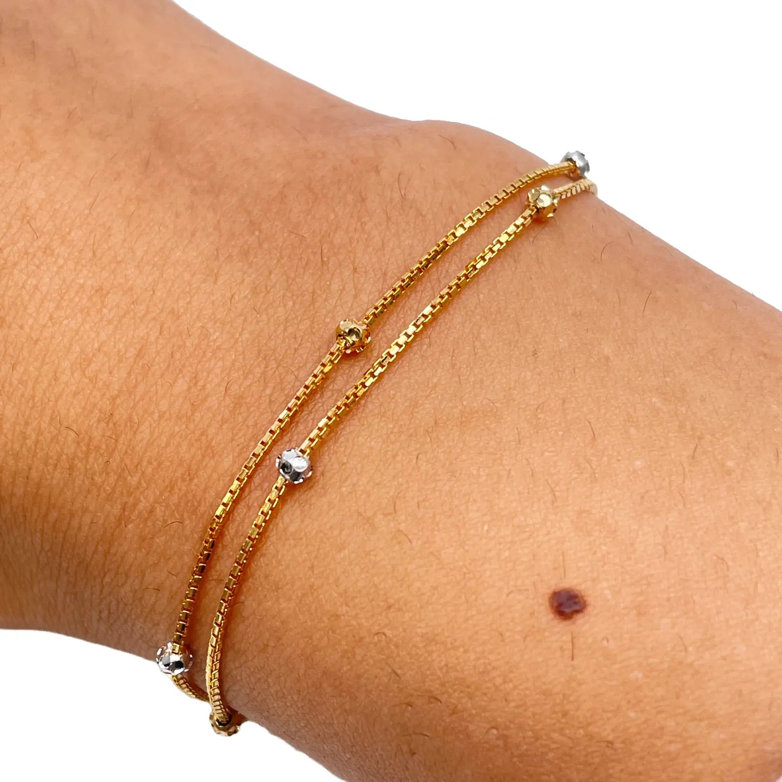 22ct Yellow Gold Double Layered Chain With Two-Tone Diamond Cut Beads Bracelet 