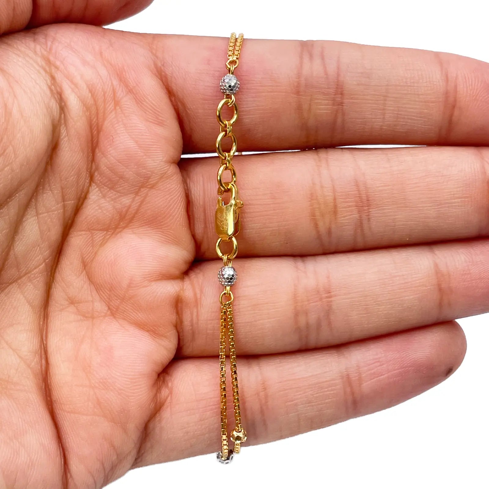 22ct Yellow Gold Double Layered Chain With Two-Tone Diamond Cut Beads Bracelet 