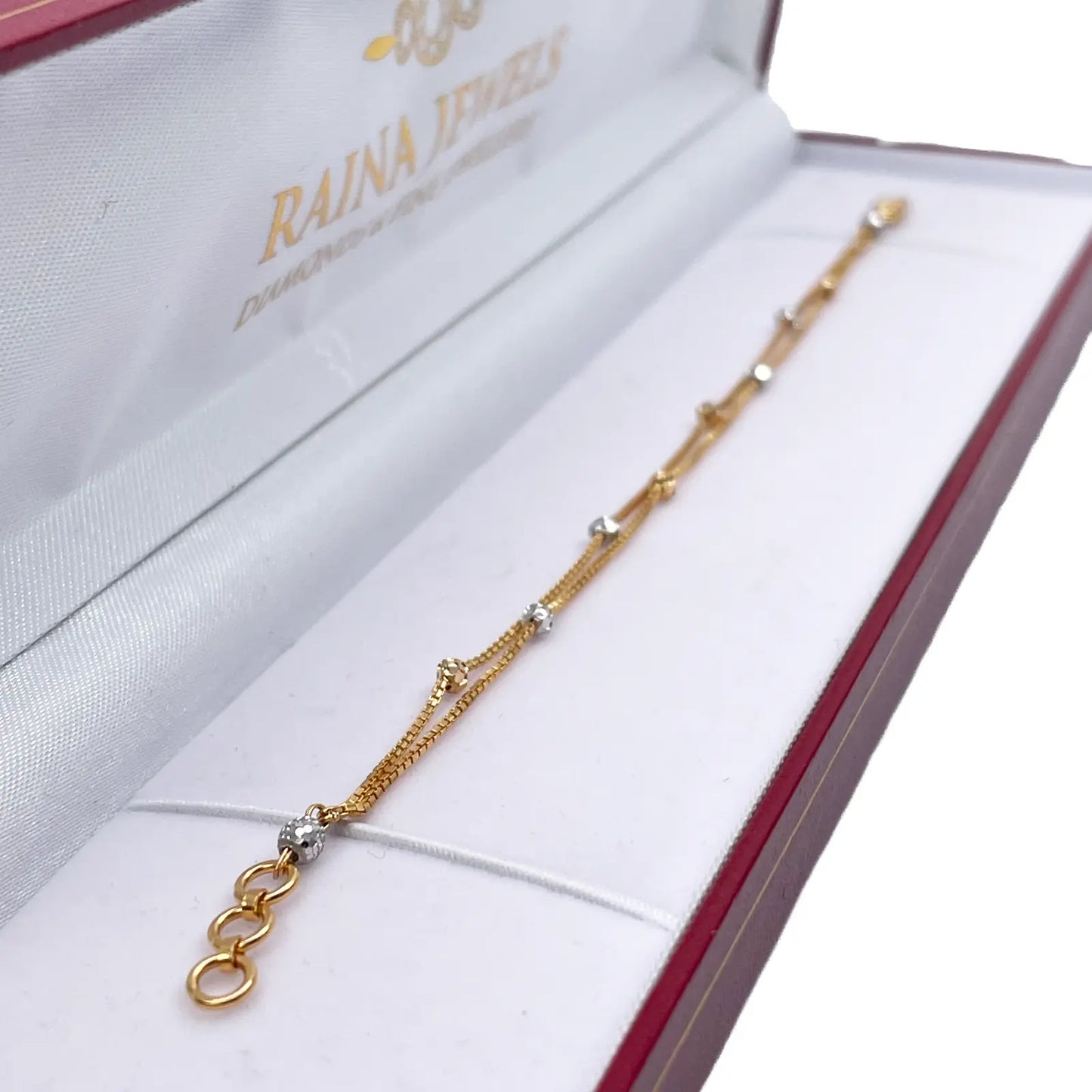 22ct Yellow Gold Double Layered Chain With Two-Tone Diamond Cut Beads Bracelet 
