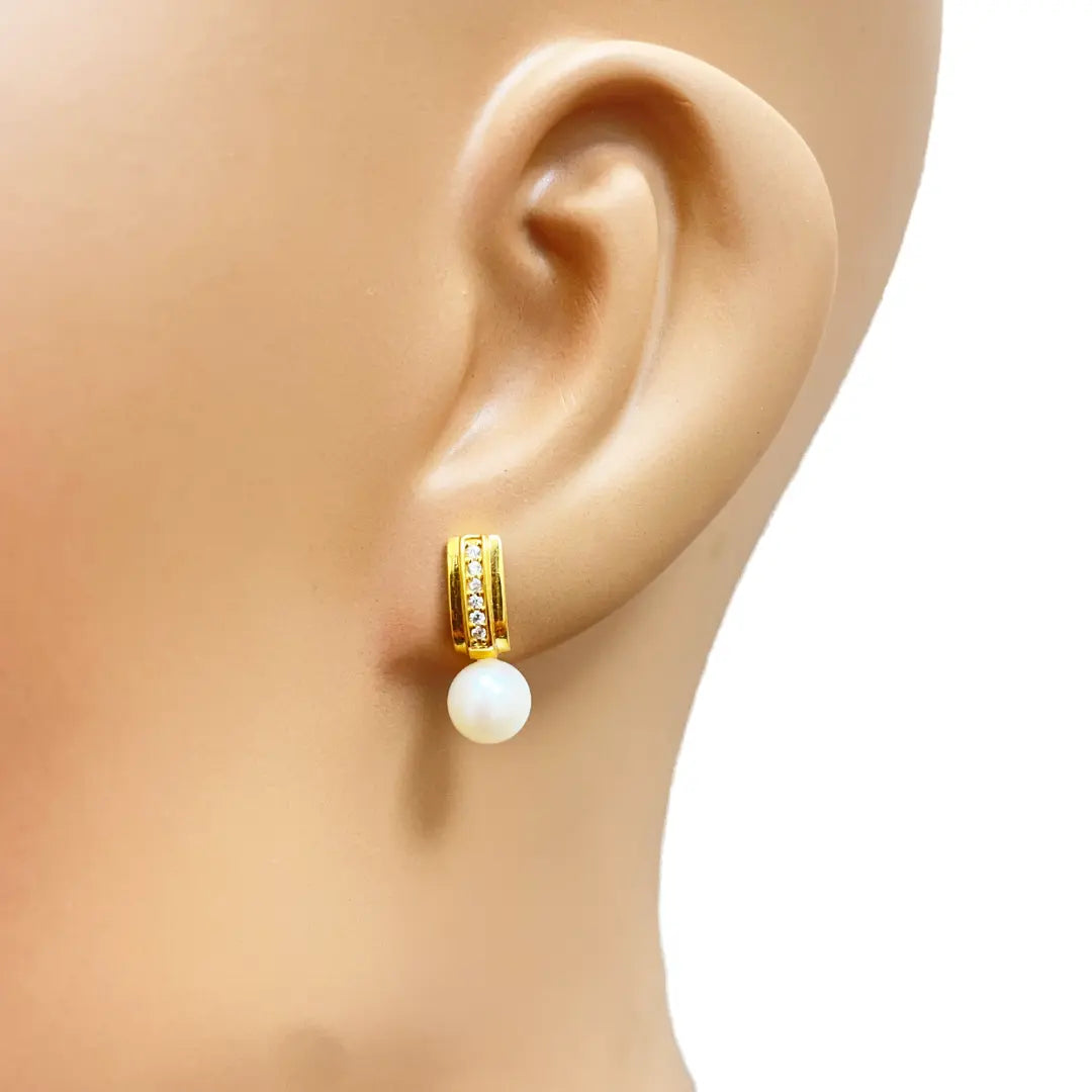 22ct Yellow Gold Freshwater Pearls Drop Stud Earrings 15.5mm Length 