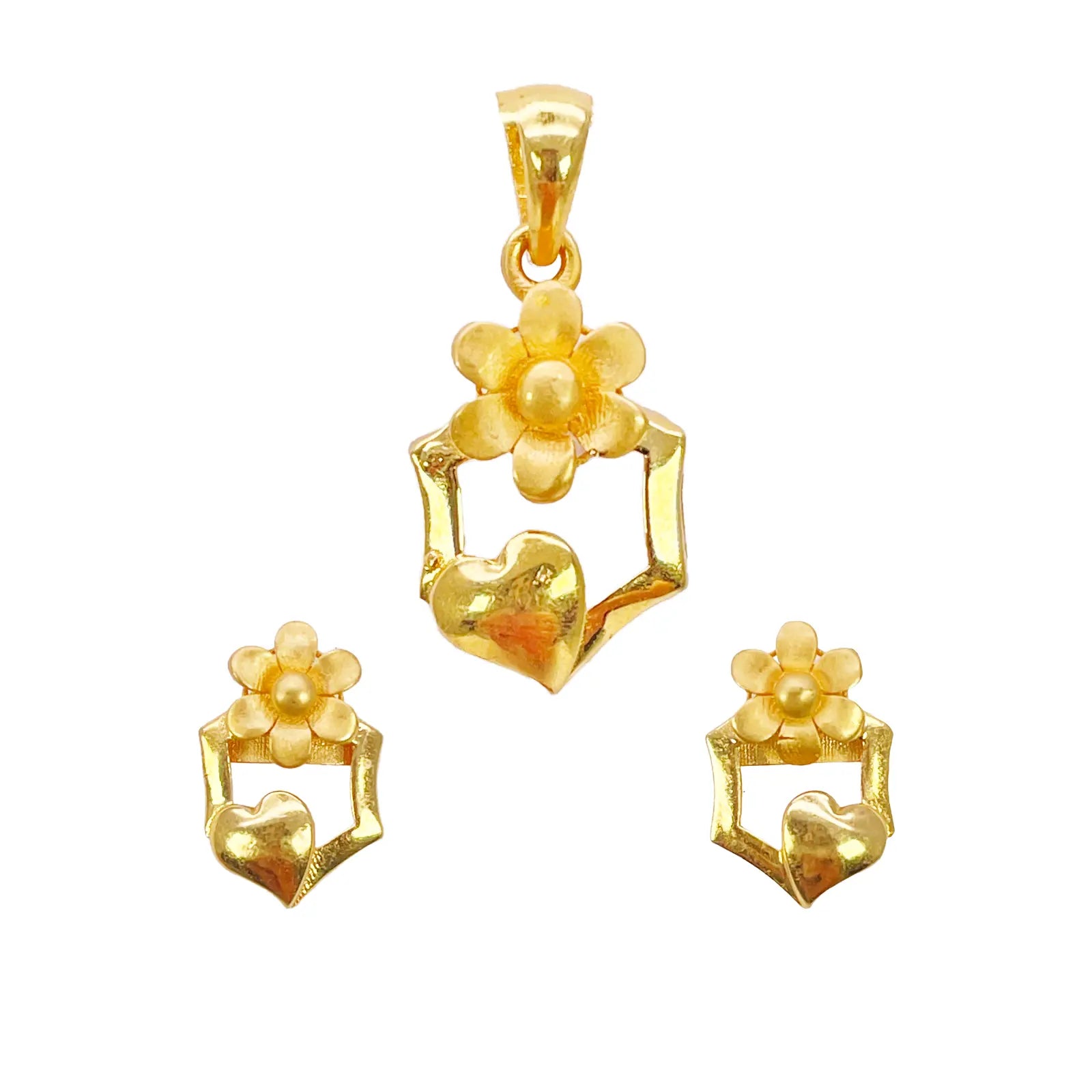 22ct Yellow Gold High Polished Floral Heart Cut Out Pendant Earring Set  Jewellery Set