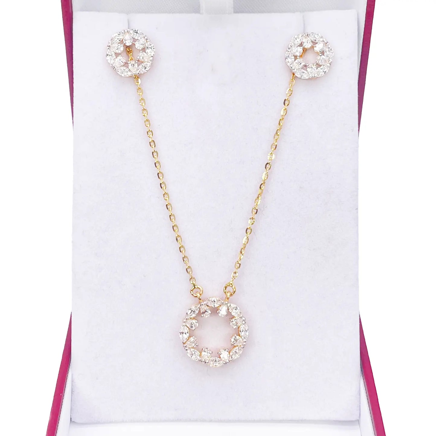 22ct Yellow Gold Ladies Sparkly Cubic Zirconia 17.5 Inch Necklace & Stud Earrings Set 