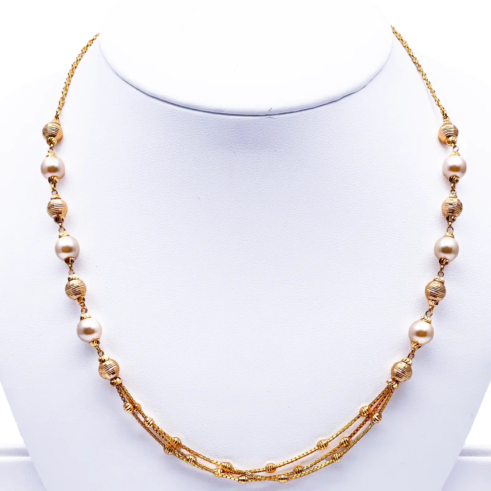 22ct Yellow Gold Pearls & Beaded Diamond Cut Ball Layered Necklace/Earrings Set 
