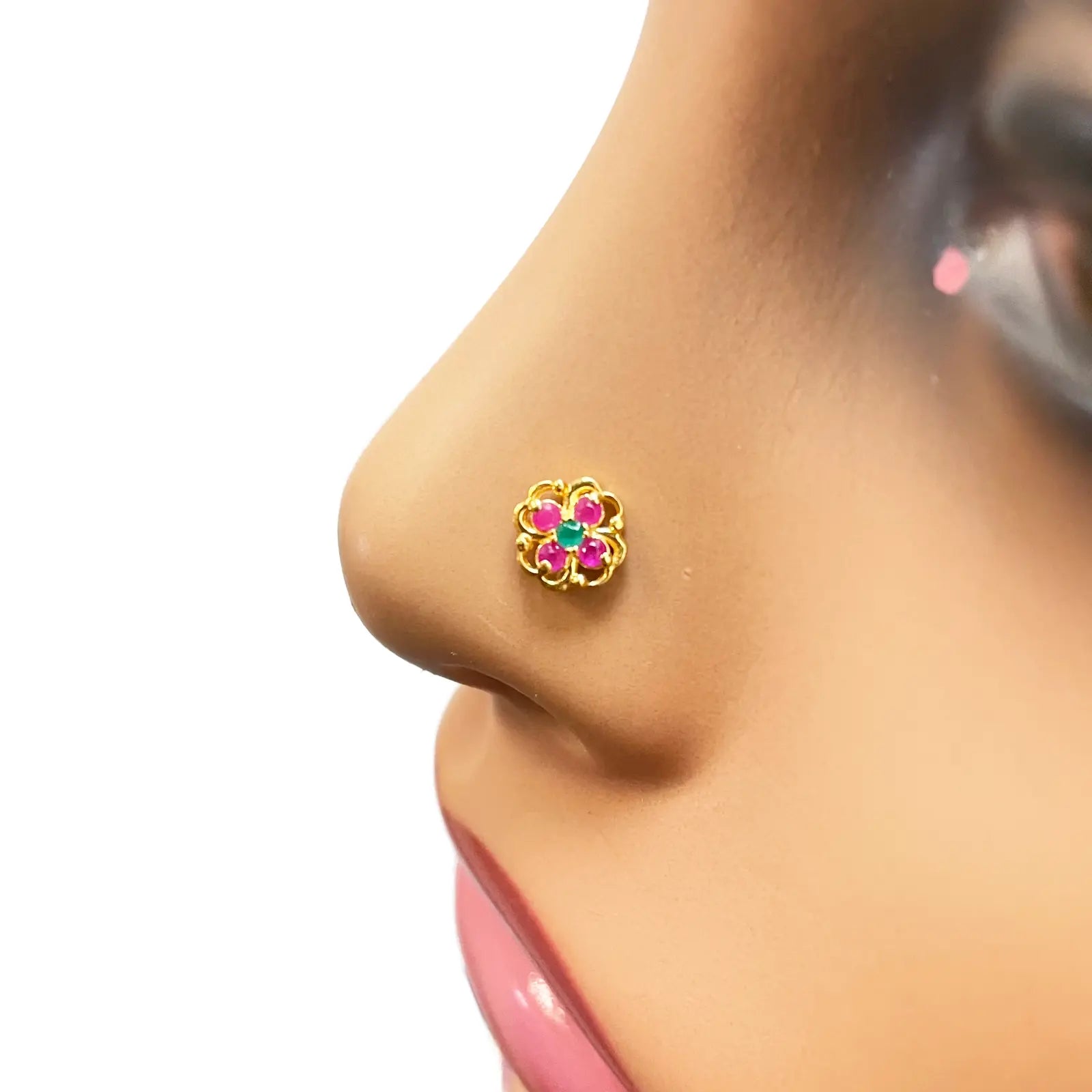 22ct Yellow Gold Red & Green Floral Shaped Gemstone Nose Pin/Stud 6.5mm Width 