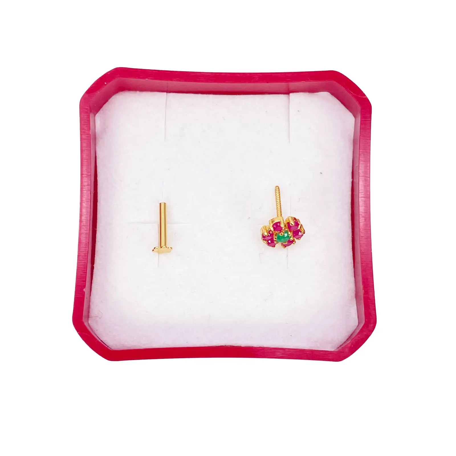 22ct Yellow Gold Red & Green Flower Shaped Gemstone Nose Pin/Stud 6mm Width 