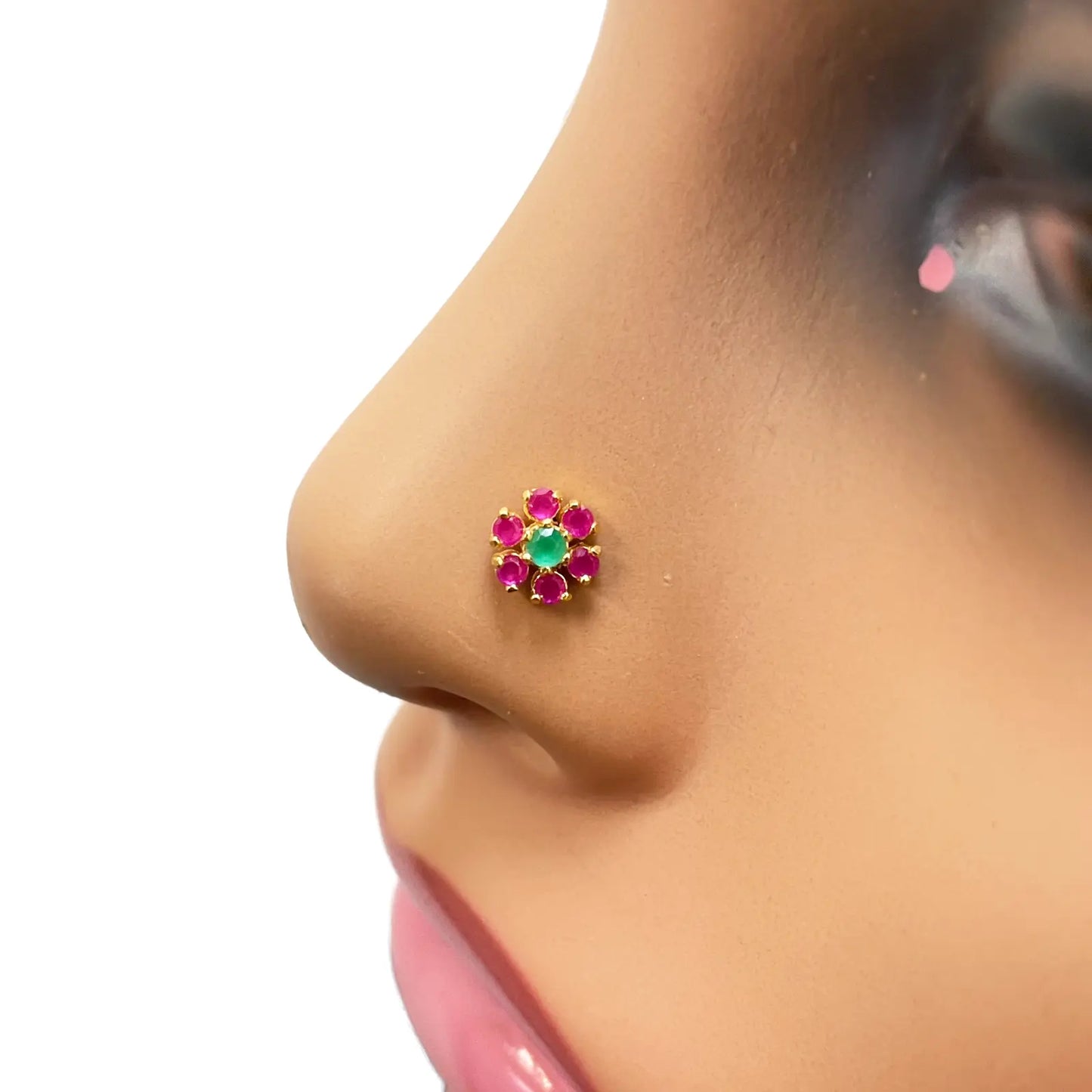 22ct Yellow Gold Red & Green Flower Shaped Gemstone Nose Pin/Stud 6mm Width 