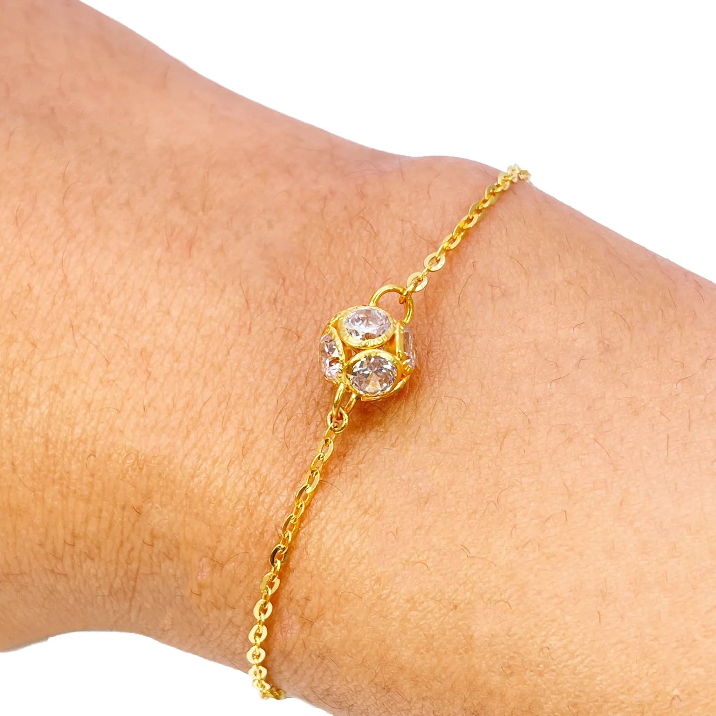 22ct Yellow Gold Single Cubic Zirconia Sparkly Glitter Ball Ladies Bracelet 7 Inches 