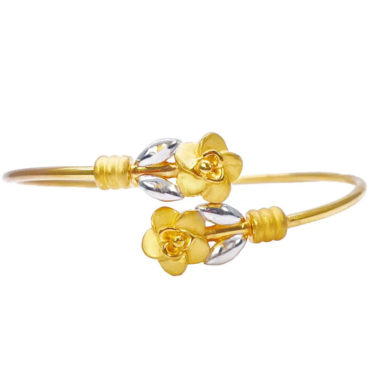 22ct Yellow Gold Two-Tone Ladies Flower Flexible Bangle Bracelet 