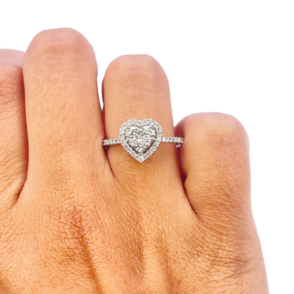 18ct white gold 0.52ct diamond heart halo ring by Raina Jewels