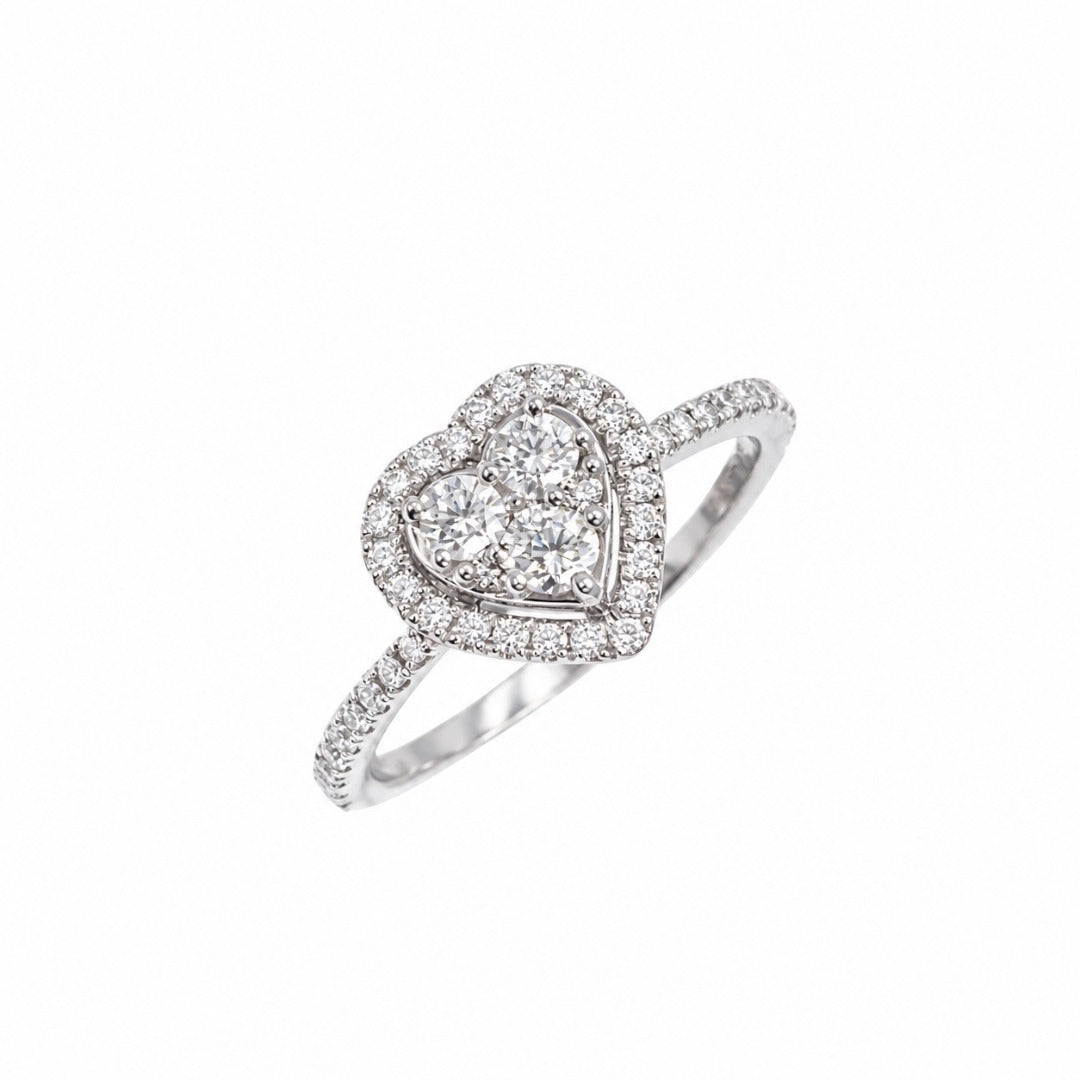 18ct white gold heart shaped diamond cluster ring, side view of diamond set shoulders