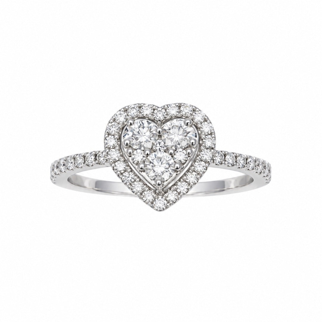 18ct white gold natural diamond heart halo cluster ring with diamond shoulders, 0.52ct