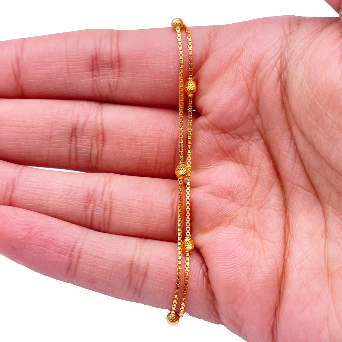 22 Karat Gelbgold Zweilagige Kette mit Diamantgeschliffenen Perlen Armband