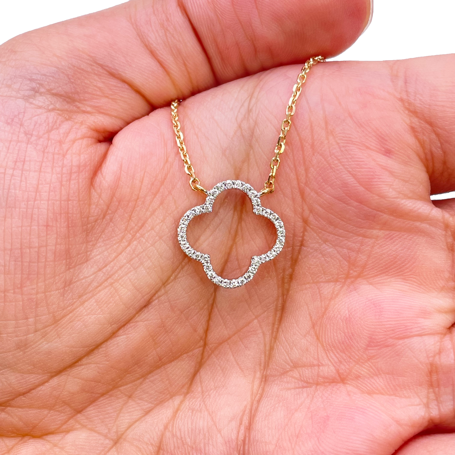 14 Karat Gelbgold Elegante offene Blumen-Diamant-Halskette 0,15 Karat 45,7 cm