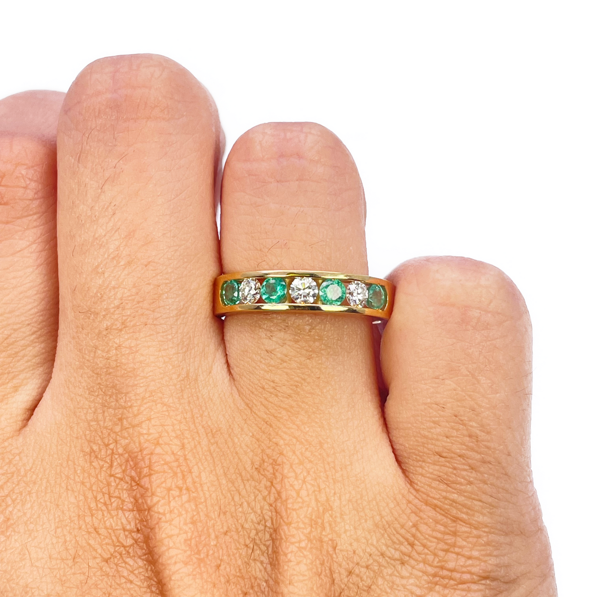18ct Yellow Gold Natural Emerald & Diamond Channel Band 0.70ct