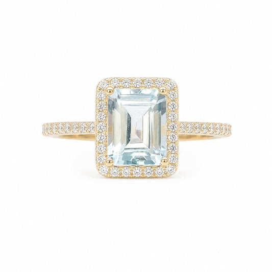 9ct Yellow Gold Emerald-Cut Aquamarine & Round Diamond Halo Ring 1.73ct