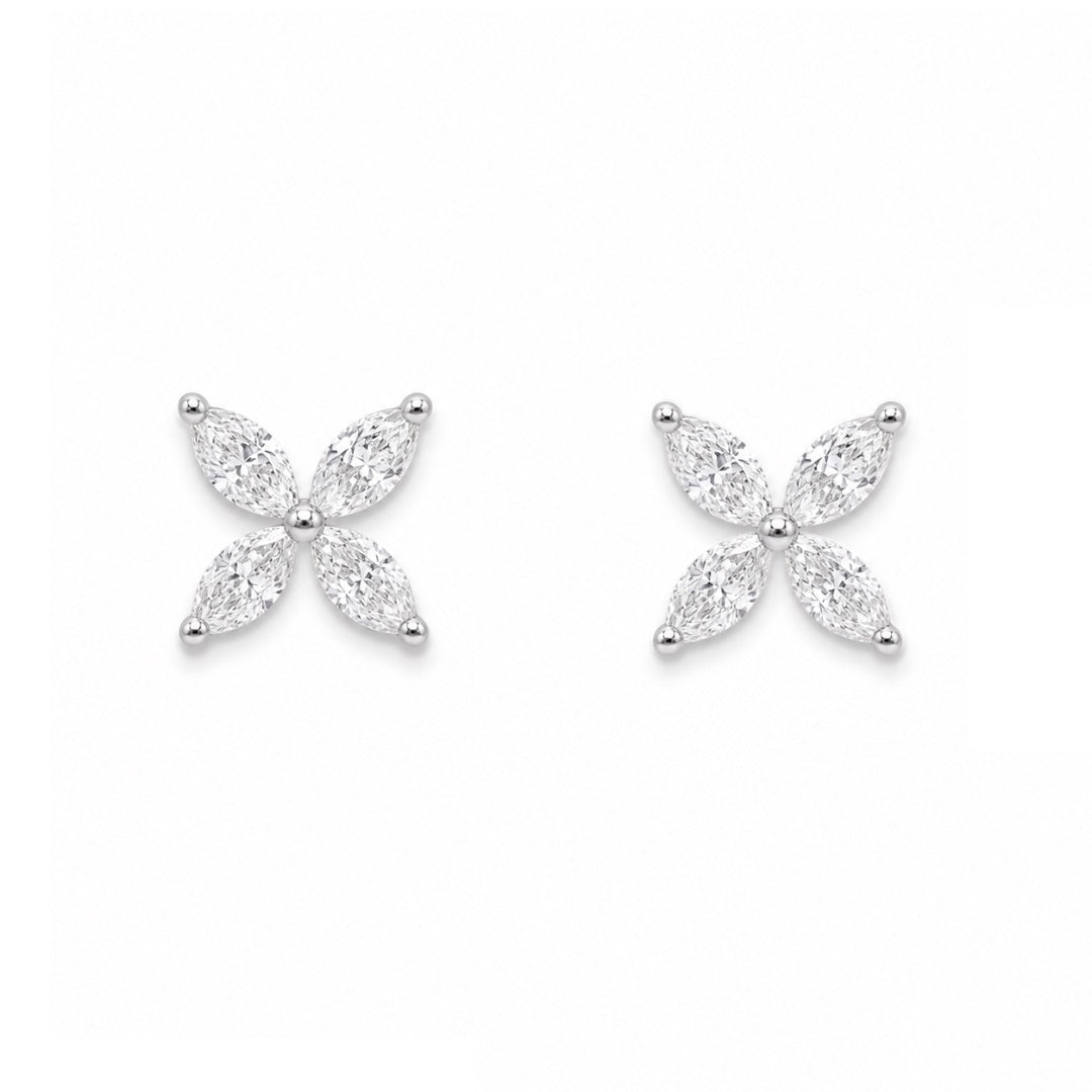 18 Karat Weißgold Marquise-Diamant vierblättrige Blumen-Ohrstecker 0,75 Karat