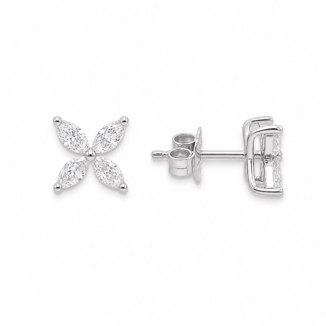 18 Karat Weißgold Marquise-Diamant vierblättrige Blumen-Ohrstecker 0,75 Karat