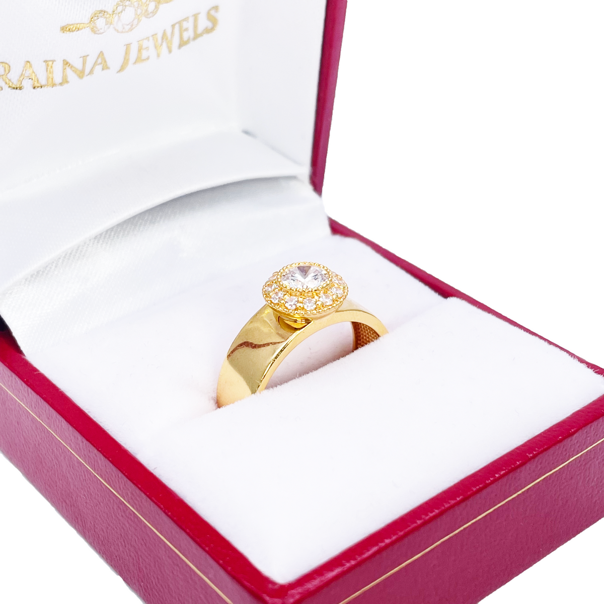 22 Karat Gold Zirkonia Halo Ring Hochglanzpoliert 8,6 mm Breite