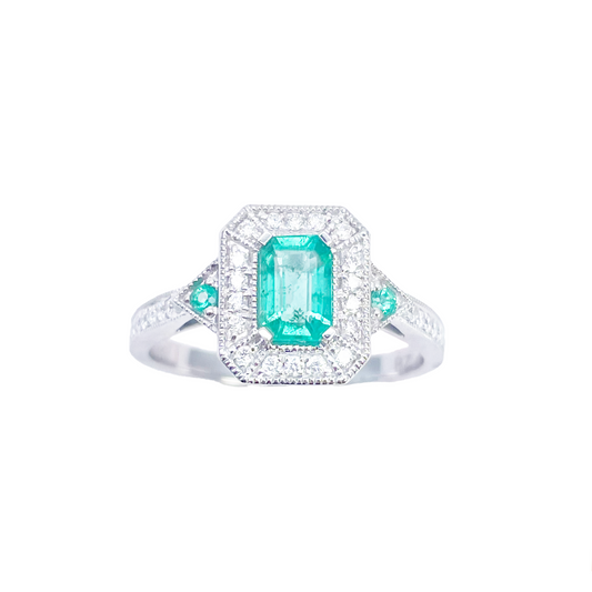 18 Karat Gold Ring mit Natur-Smaragd, Diamanten im Rund- und Smaragdschliff, 0,80 Karat