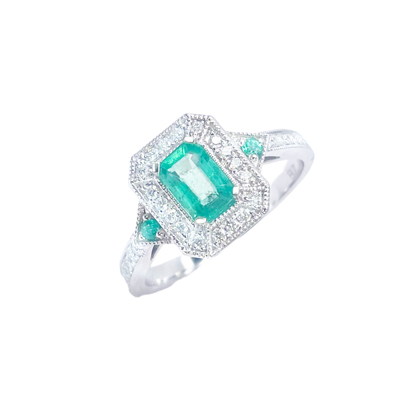 18 Karat Gold Ring mit Natur-Smaragd, Diamanten im Rund- und Smaragdschliff, 0,80 Karat