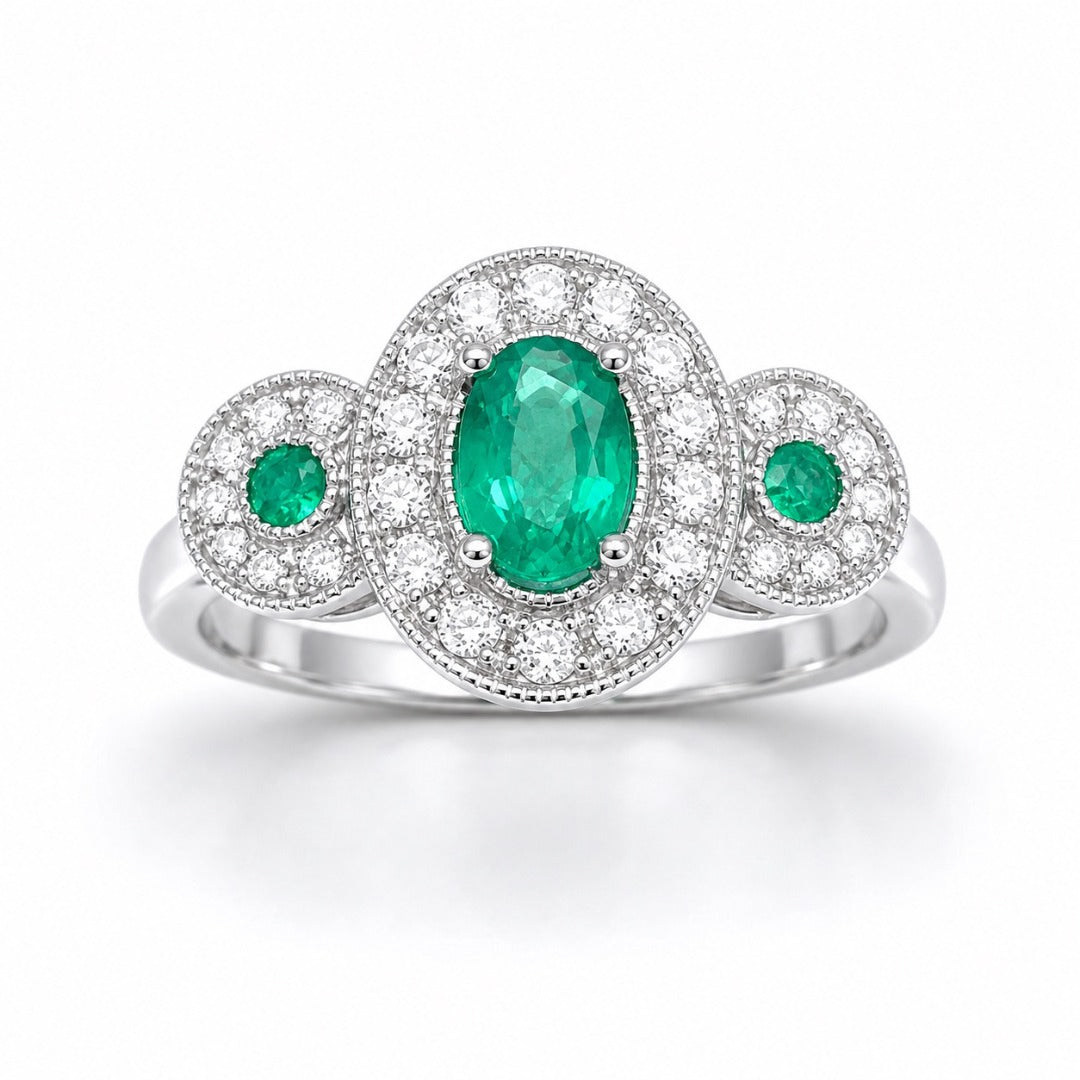 18ct Gold Natural Emerald Diamond Ring Round & Oval Cut 0.80ct