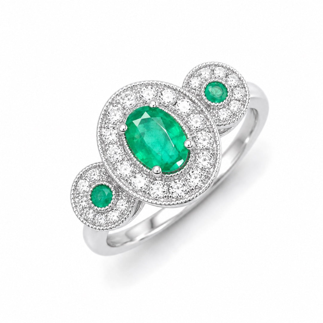 18ct Gold Natural Emerald Diamond Ring Round & Oval Cut 0.80ct
