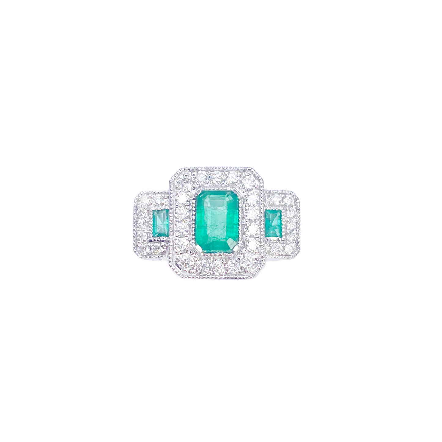 18 Karat Gold Natur Smaragd Diamant Halo Ring Rund & Smaragdschliff 0,95 Karat