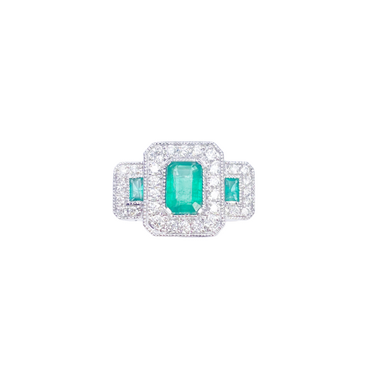 18 Karat Gold Natur Smaragd Diamant Halo Ring Rund & Smaragdschliff 0,95 Karat