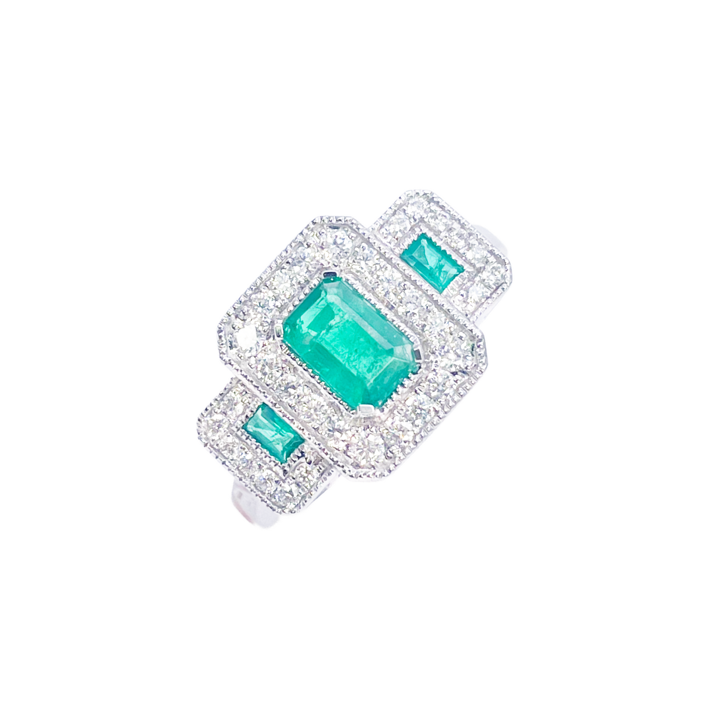 18 Karat Gold Natur Smaragd Diamant Halo Ring Rund & Smaragdschliff 0,95 Karat