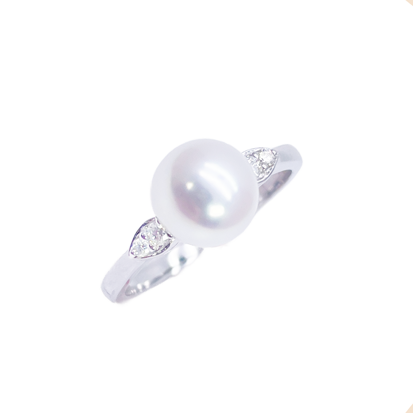 18 Karat Gold Süßwasserperle Diamantring Natur Rund 0.07ct