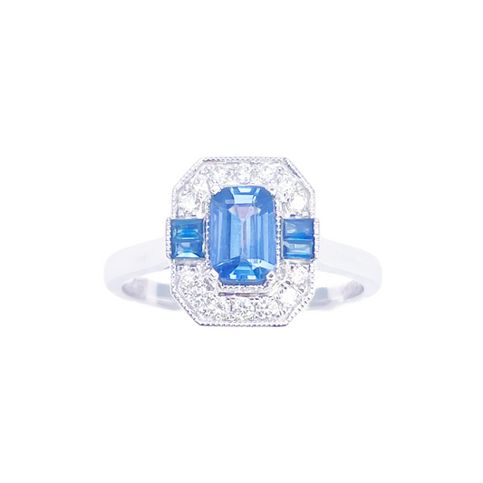 18 Karat Gold Saphir-Diamant-Halo-Ring, rund & Smaragd-Schliff, 1.00 Karat
