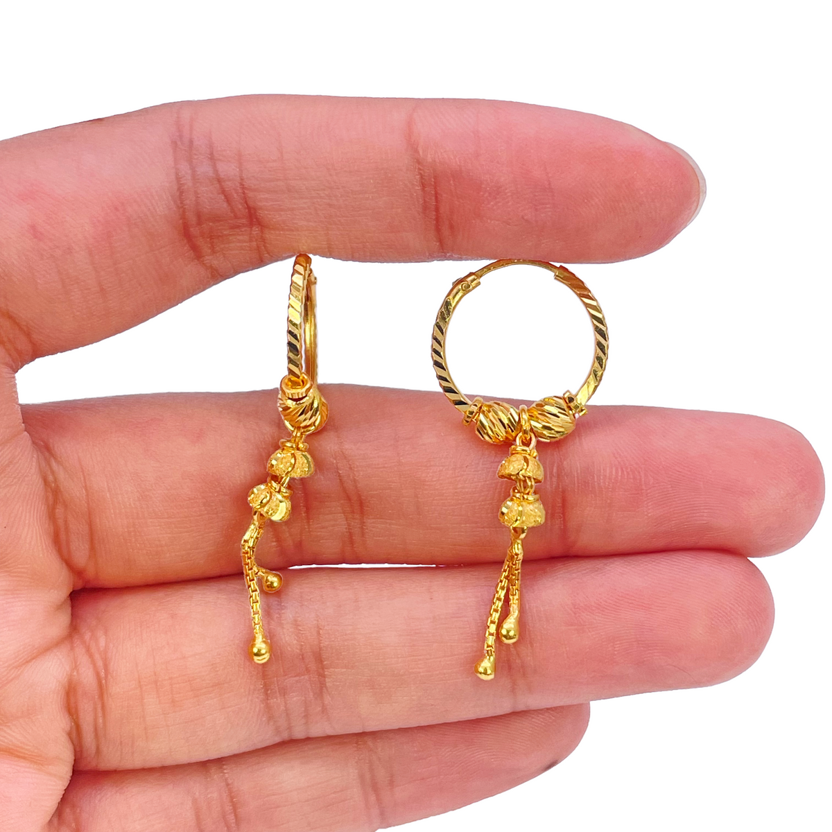 22 Karat Gelbgold Diamantgeschliffene Kugel-Tropfen-Creolen 14mm