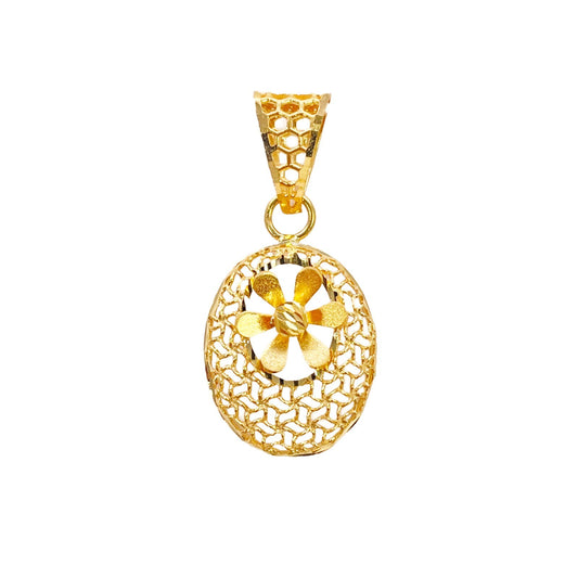 22ct Yellow Gold Honeycomb Mesh Oval Floral Daisy Centre Pendant High Polish