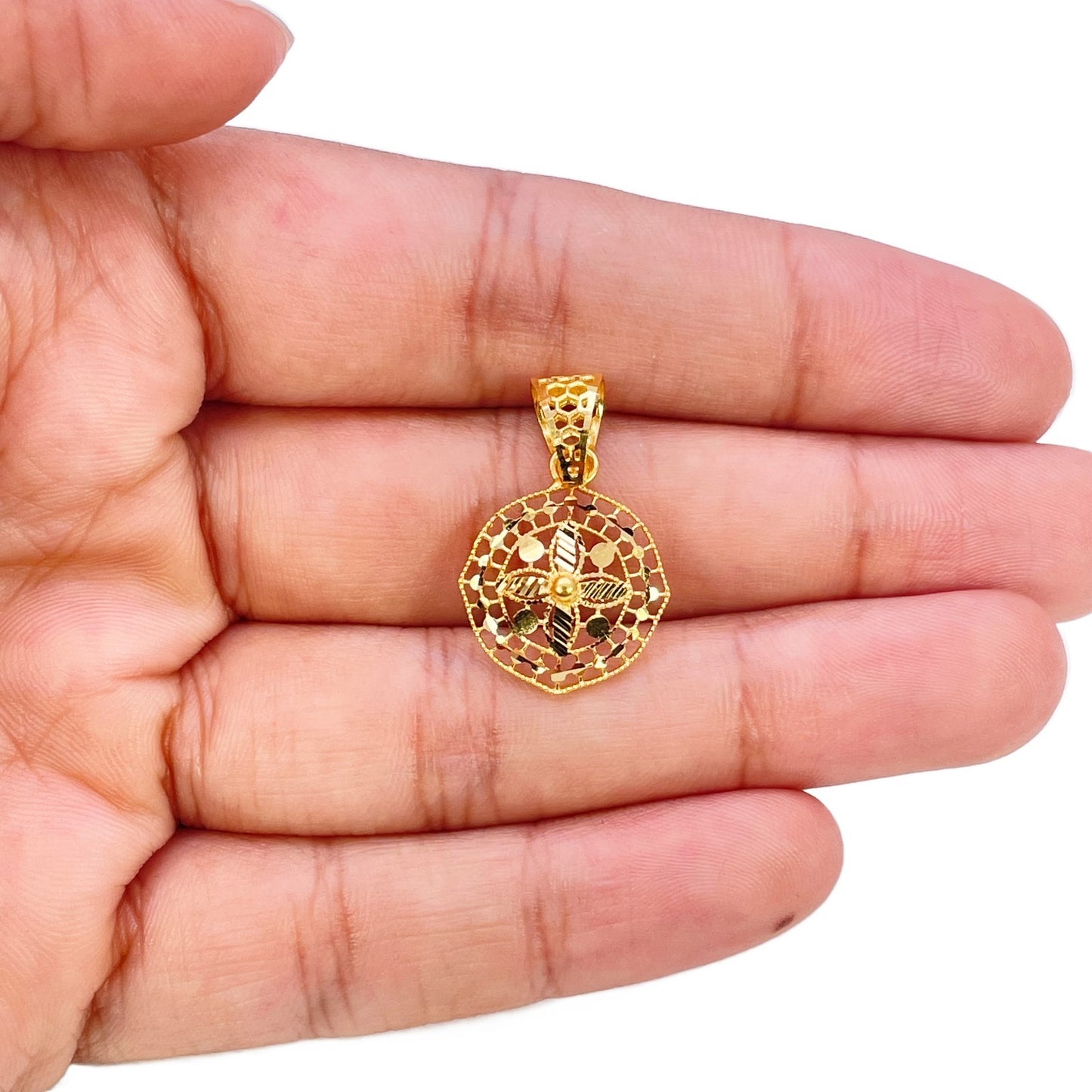 22ct Yellow Gold Floral Milgrain Honeycomb Octagonal Pendant