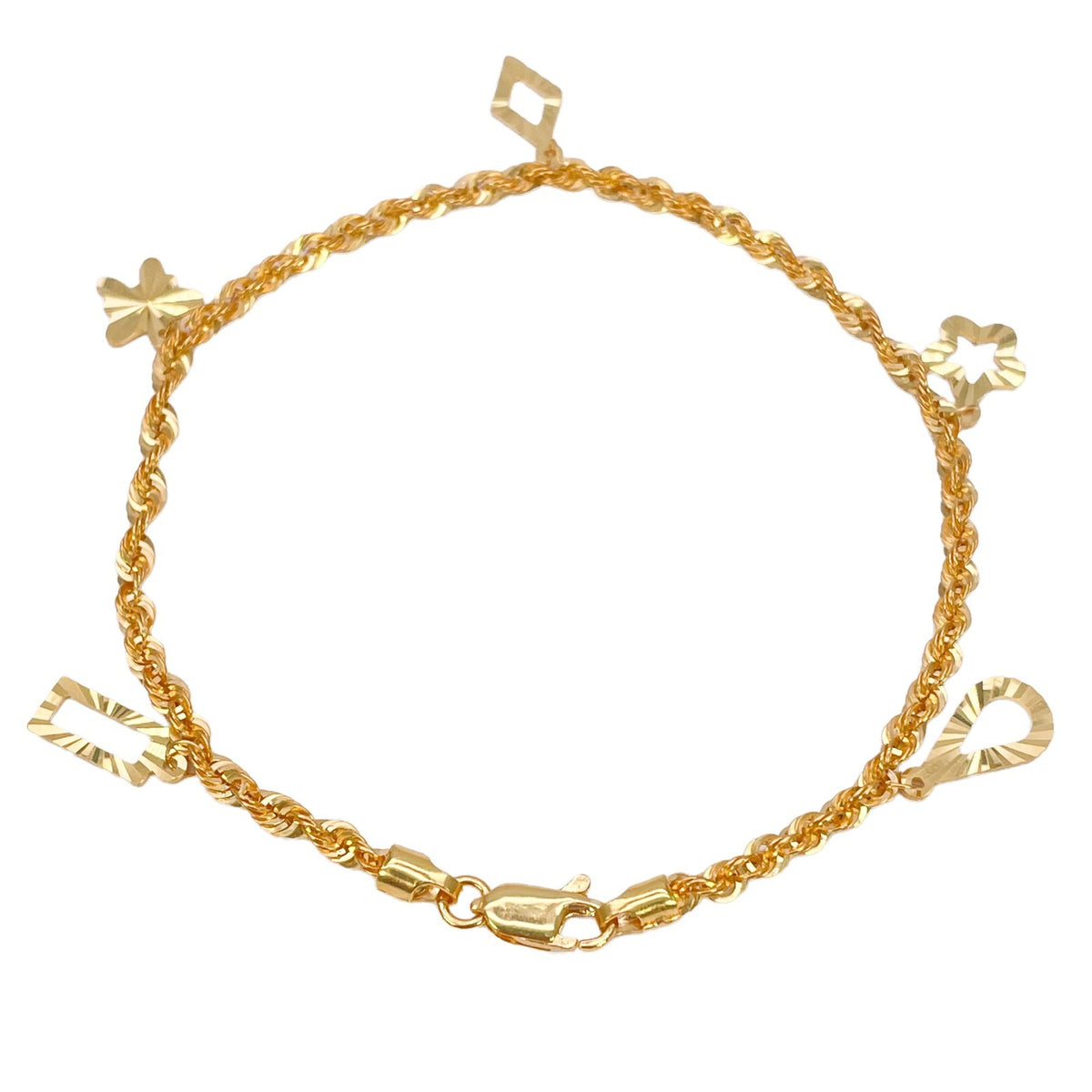 22ct Yellow Gold Rope Chain Bracelet with Diamond Cut Open Charms