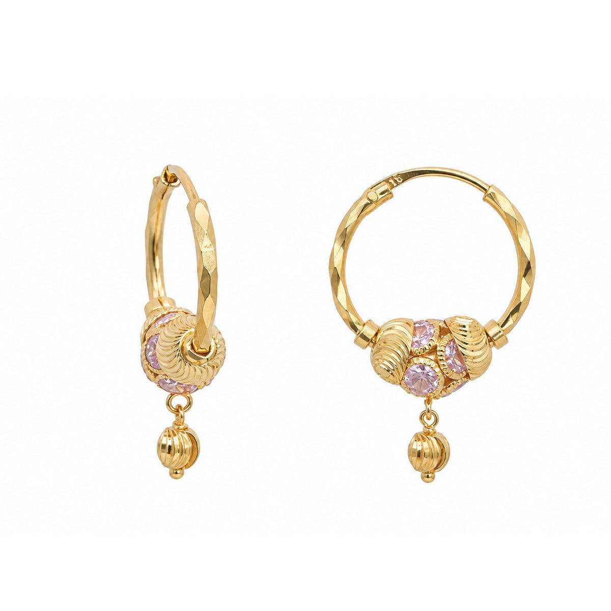 22ct Yellow Gold Cubic Zirconia Hoop Earrings Diamond Cut Dangle