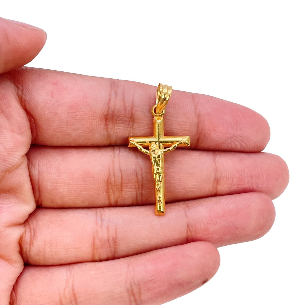 22ct Yellow Gold Crucifix Pendant Jesus Cross Charm High Polished 32x15.5mm