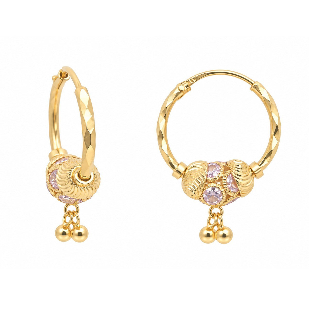 22ct Yellow Gold Cubic Zirconia Hoop Earrings Diamond Cut Double Drop