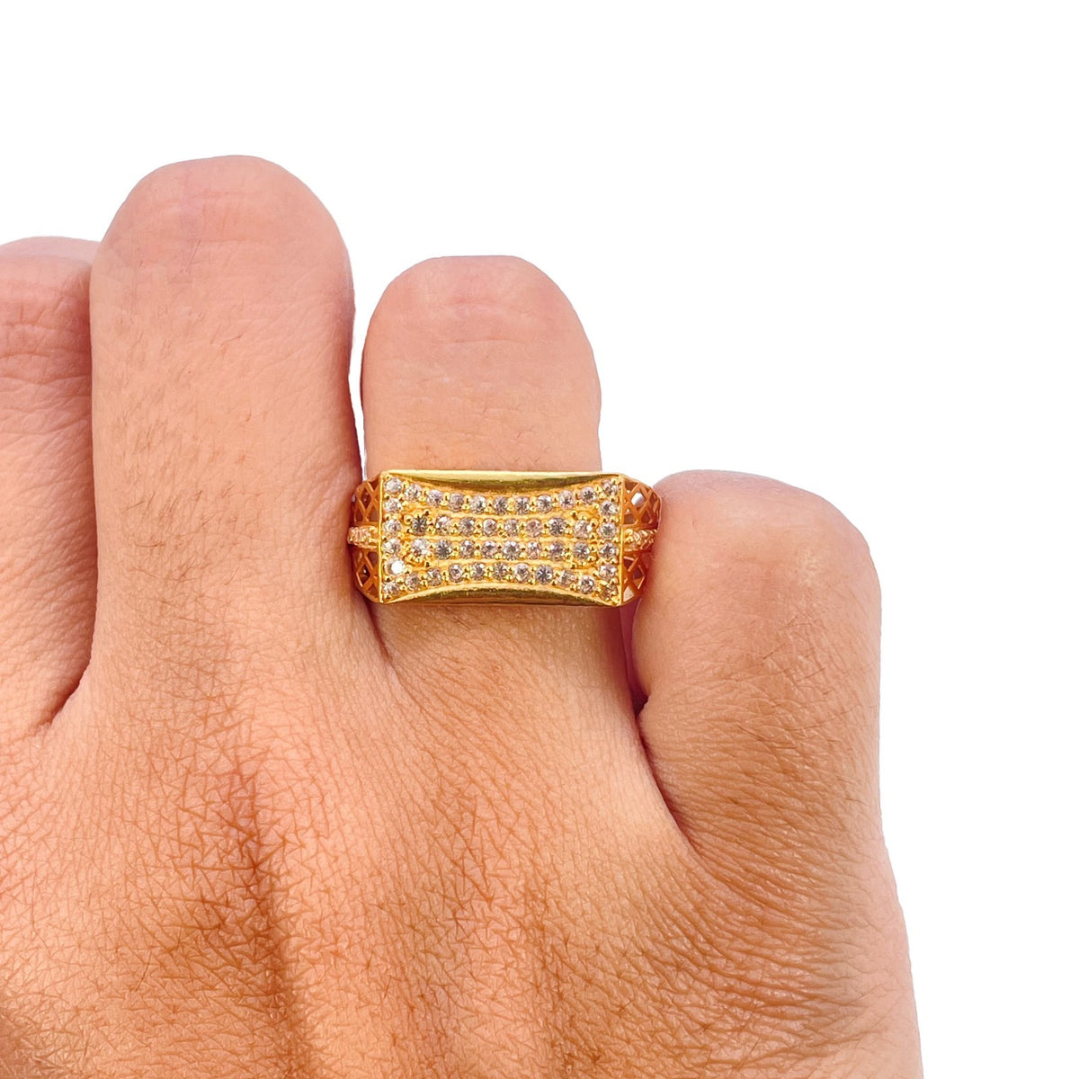 22ct Yellow Gold Cubic Zirconia Signet Ring Cluster Set Lattice Shoulders